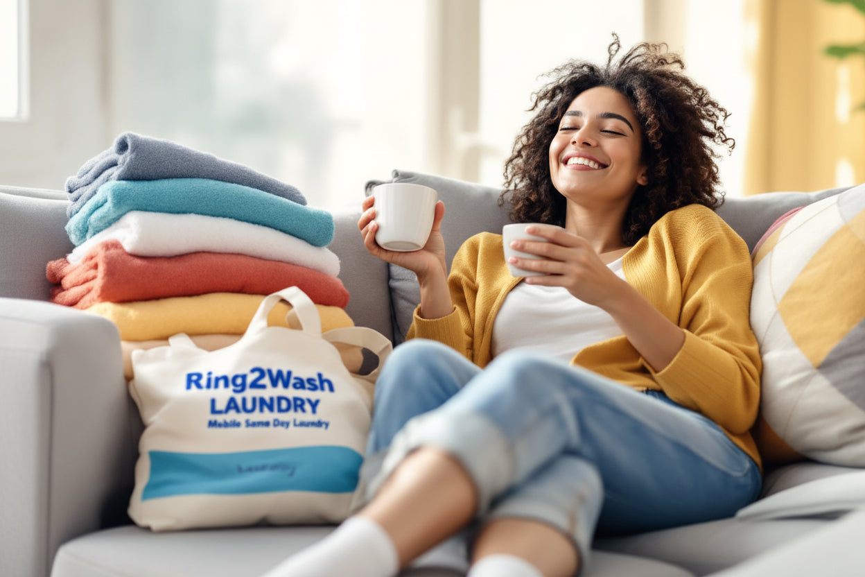 Woman sitting on a couch holding a cup with folded laundry and a Ring2Wash laundry bag in the foreground.